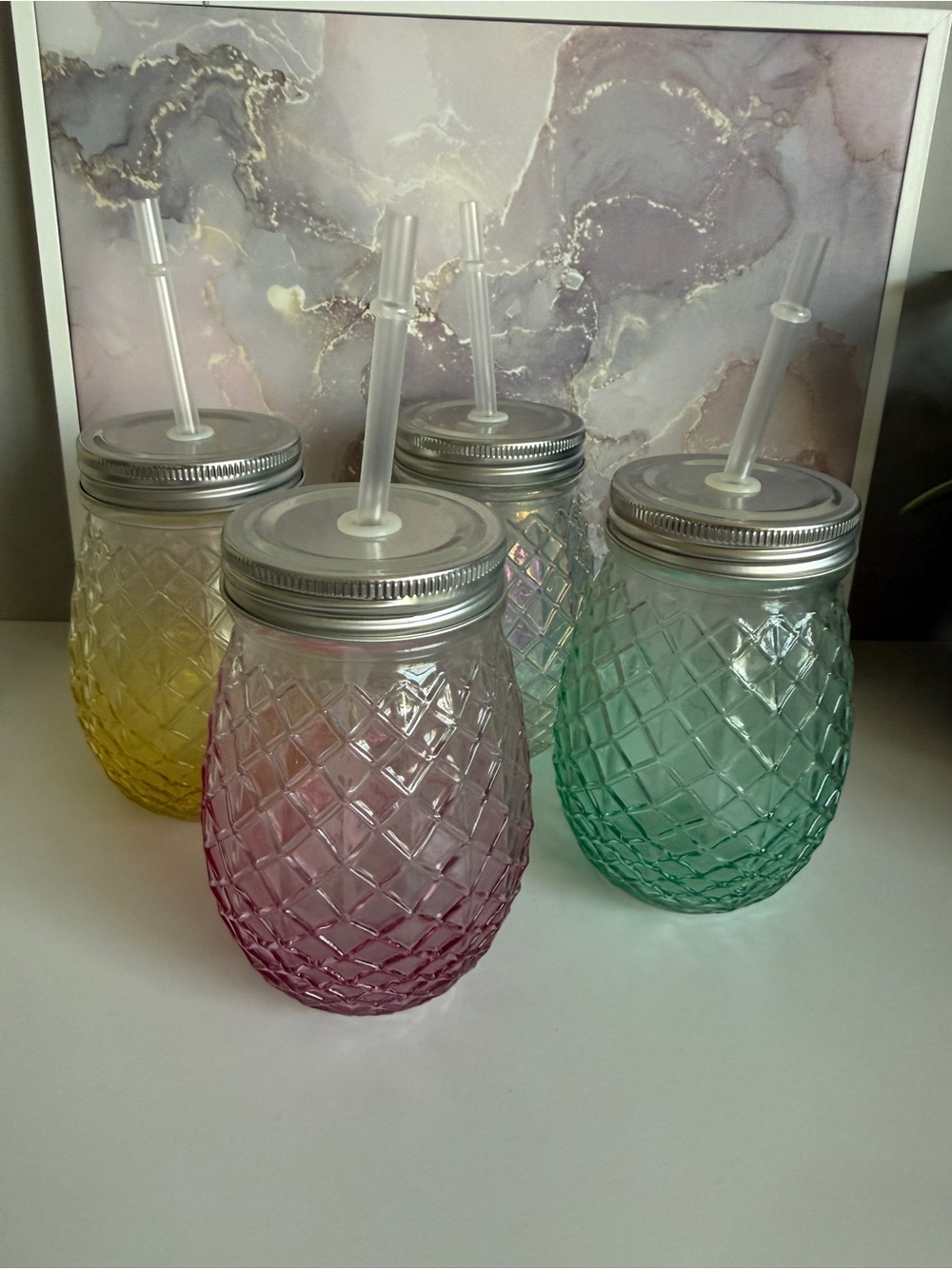 Set of 4 Pineapple Glass Mason Jar Tumbler Cups with Lids & Straws | Summer